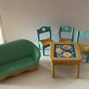 5 pc Fisher Price Dream Dollhouse Furniture Aqua Couch & Dining Table 3 Chairs